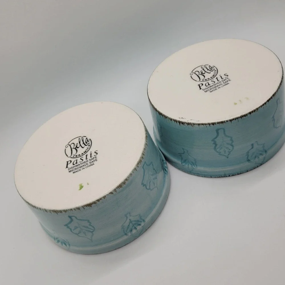 Bella Ceramics Pastis Blue Leaf Ceramic Set of 2 Pet Food Bowls‎ 5 Inch